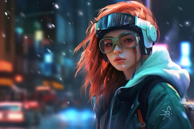 Een meisje met rood haar en een bril staat voor een wazig stadsbeeld.