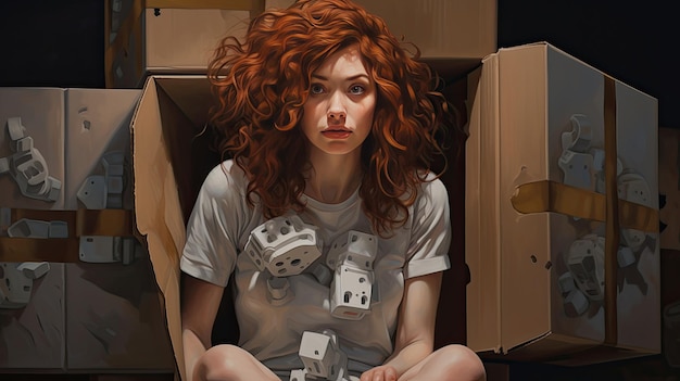 een meisje met rood haar zit in een doos met in het midden een kaartspel.