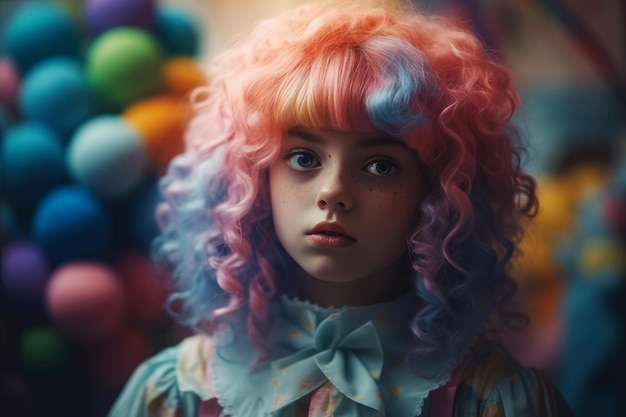 Foto een meisje met roze en blauw haar en een regenboogkleurige pruik staat voor een kleurrijke bal met gekleurde eieren.