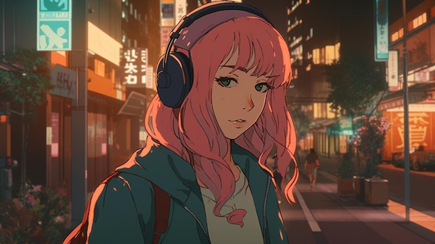 Een meisje met roze haar en een blauw jasje met een roze koptelefoon op haar hoofd staat in een straat.