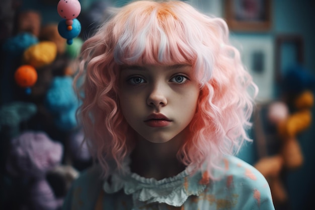 Een meisje met roze haar en een blauw oog staat voor een muur met een knuffeldier.