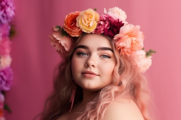 Een meisje met roze haar en een bloemenkroon op haar hoofd