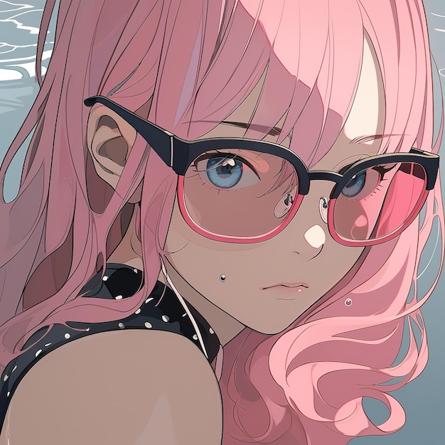 Een meisje met roze haar en een bril die hallo kat zegt