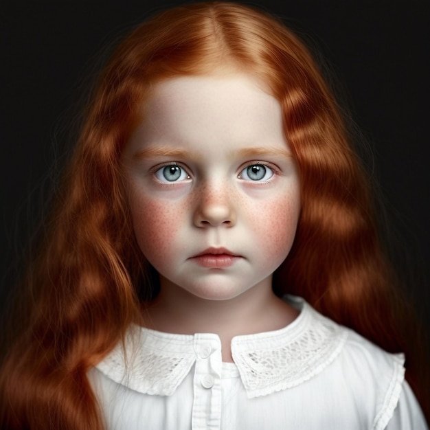 Een meisje met sproeten en rood haar kijkt naar de camera.