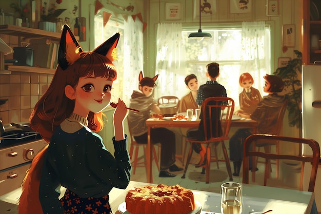 Een meisje met vos ooren staat in een keuken naast een tafel met een taart schilderij