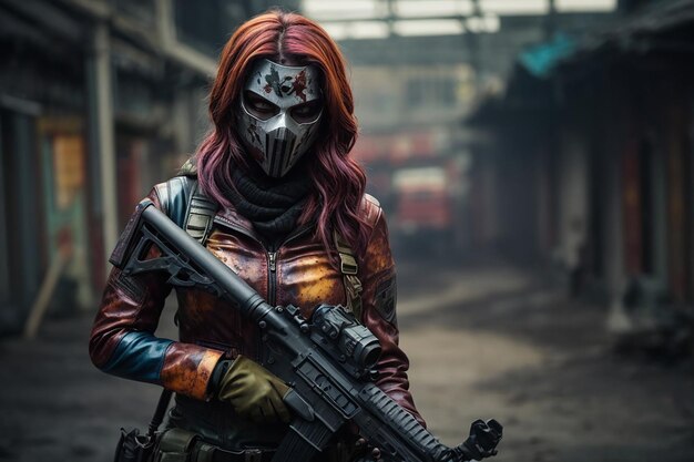 Een meisje mysterieuze zombie gemaskerde schoonheid kleurrijke leren broekpak en vergoddelijkte aanval geweer aanval houding