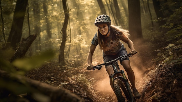 Een meisje op een mountainbike in het bos