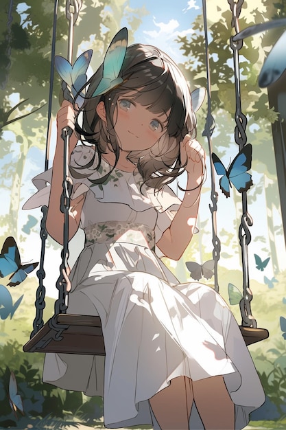 Een meisje op een schommel met vlinders erop.