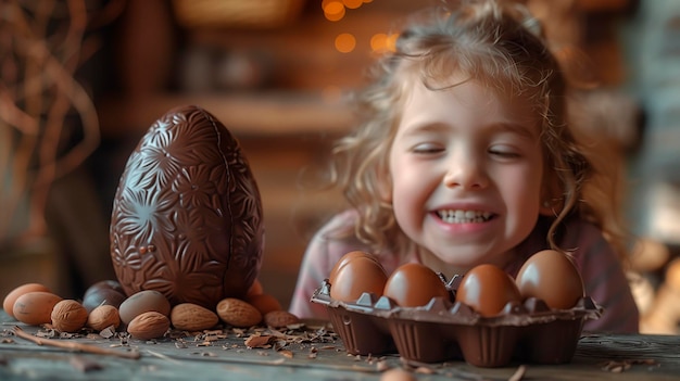 Foto een meisje opent een groot chocolade ei.