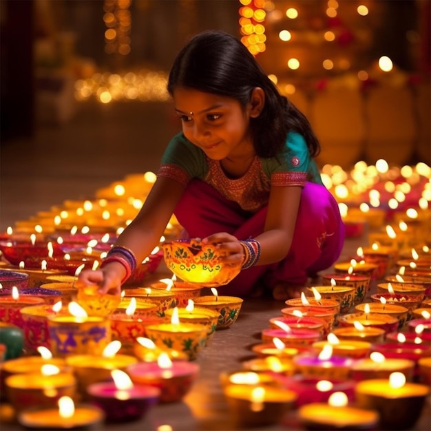 Een meisje plaatst kaarsen op een vloer tijdens een lichtfestival.