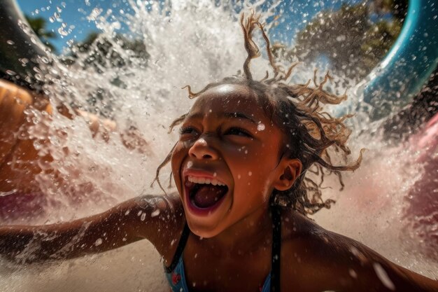 Foto een meisje plonst in een waterglijbaan.
