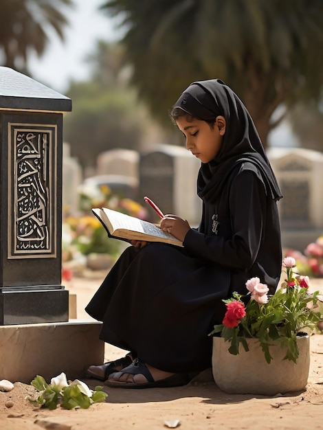 Een meisje reciteert de Koran voor het graf van haar moeder.