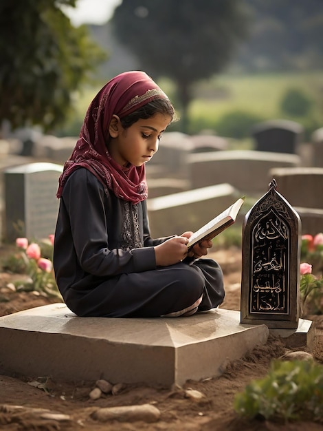 Een meisje reciteert de Koran voor het graf van haar moeder.