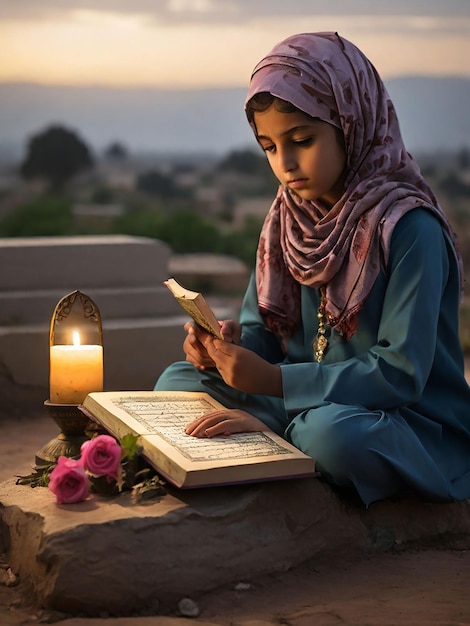 Een meisje reciteert de Koran voor het graf van haar moeder.