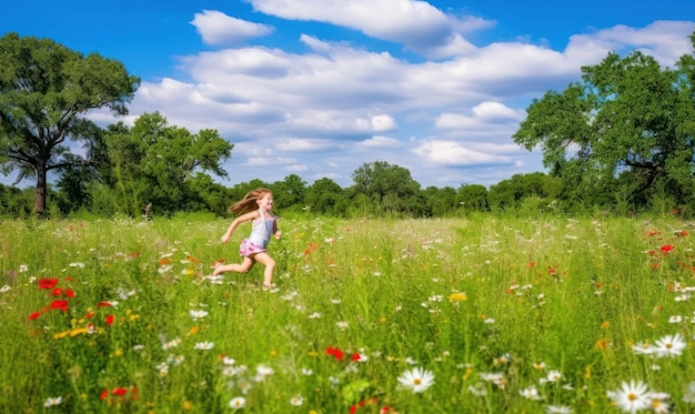 Een meisje rent door een veld met wilde bloemen.