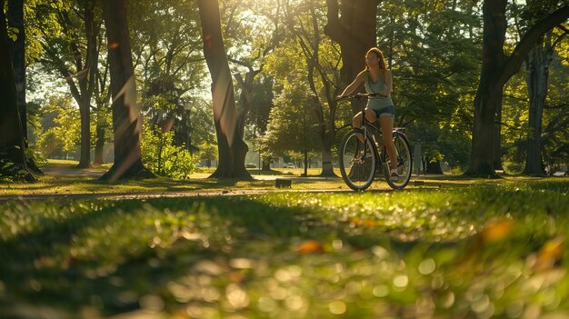 Een meisje rijdt op een fiets in een park met de zon die door de bomen schijnt