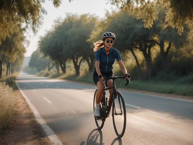 Een meisje rijdt's middags op een fiets op de weg.