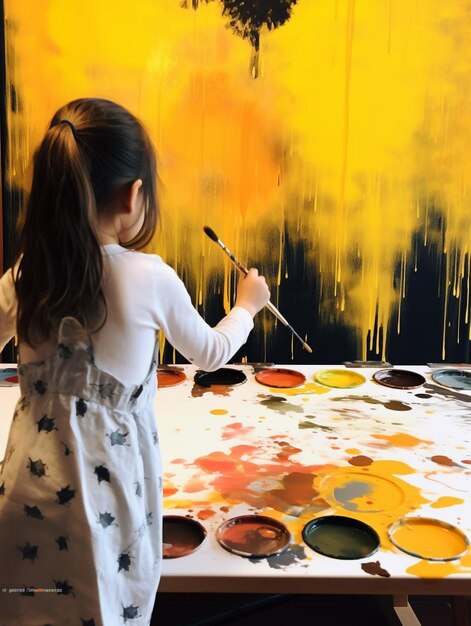 een meisje schildert met een verfborstel voor haar