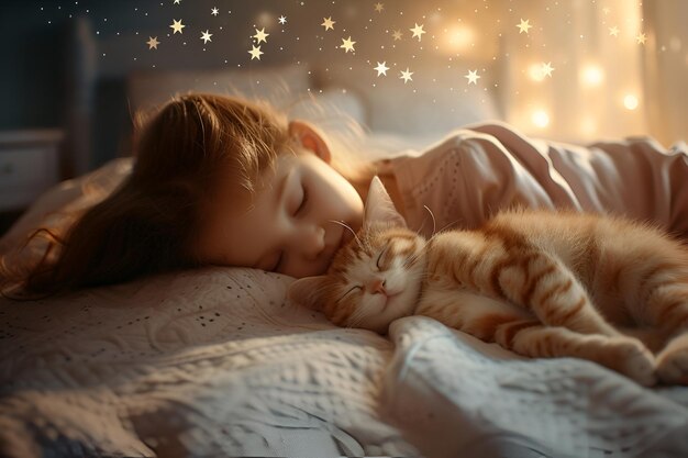 Een meisje slaapt in bed en knuffelt een kat.