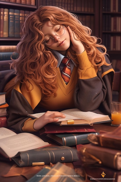 een meisje slaapt met een boek en een boek in haar hand.