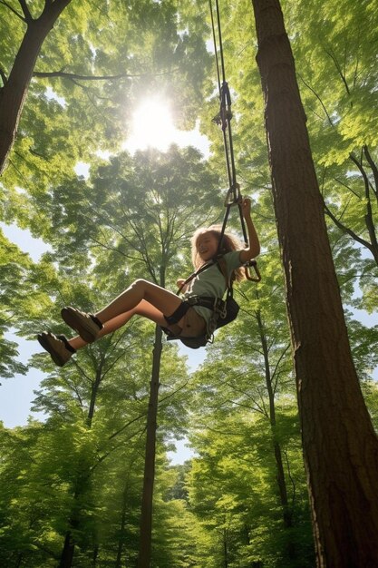 een meisje slingert aan een touw in het bos