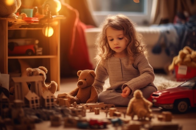 Een meisje speelt met speelgoed op de vloer