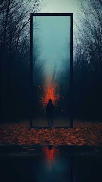 Een meisje staat in een donker bos met een zaklamp in de hoek.