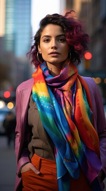 Een meisje staat in een stad met een kleurrijke sjaal in de stijl van queer academia.