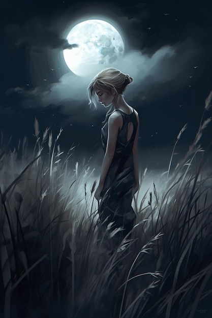Een meisje staat in een veld onder de maan.