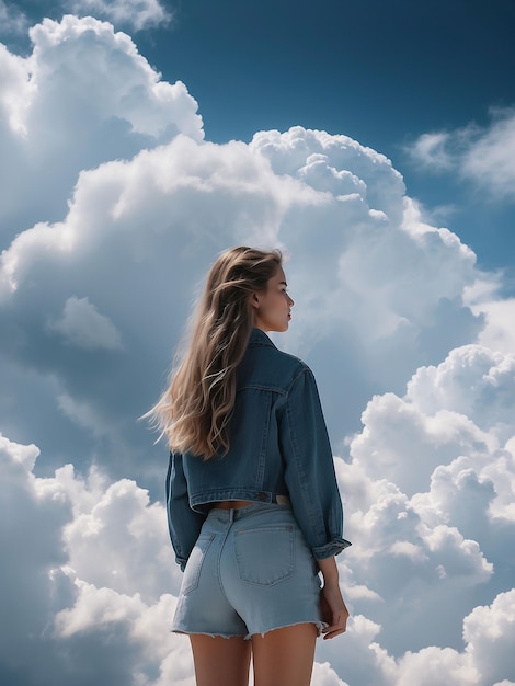 Een meisje staat met wolken om haar heen.