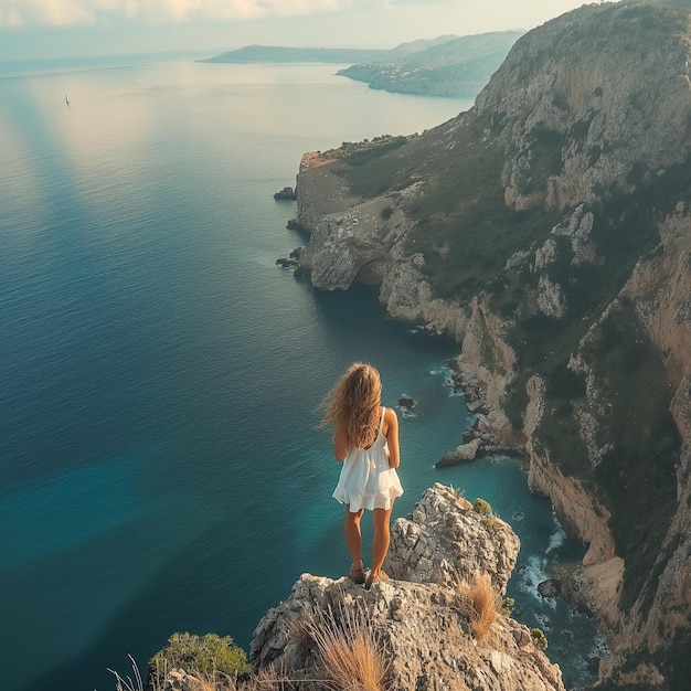 Een meisje staat op een klif met uitzicht op de oceaan.