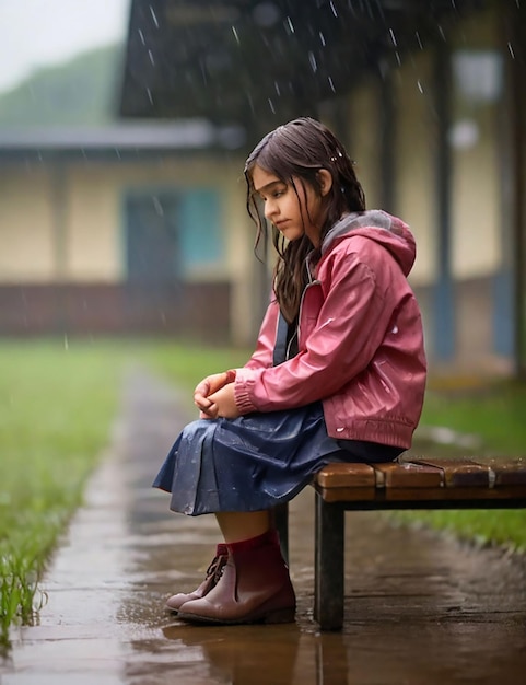 Een meisje staat op een schoolveld nu het regent.