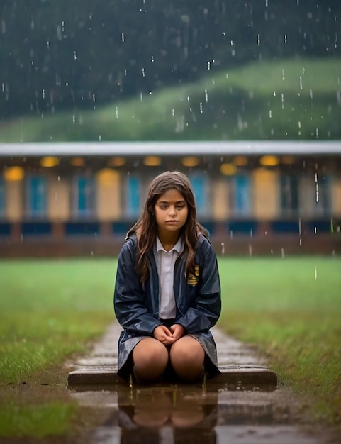Een meisje staat op een schoolveld nu het regent.