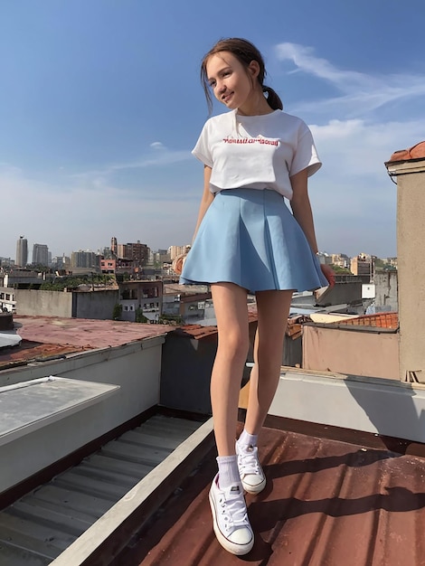Een meisje staat op het dak.
