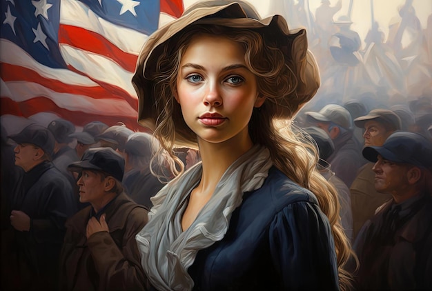 Foto een meisje staat voor de amerikaanse vlag in de stijl van victoriaanse geïnspireerde illustraties.