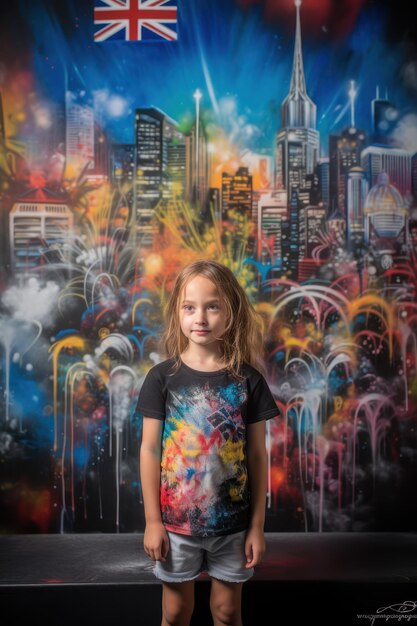 Een meisje staat voor een muurschildering met de tekst 'stad van graffiti'