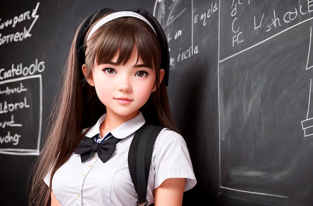 Een meisje staat voor een schoolbord met het woord wiskunde erop.