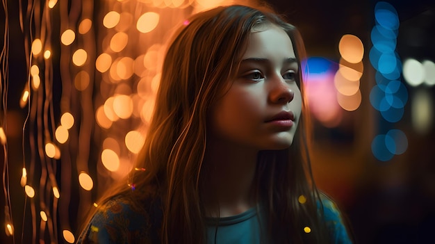 Een meisje staat voor een verlichte muur met een wazige achtergrond van lichten.