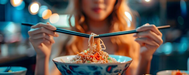 Foto een meisje toont het juiste gebruik van eetstokjes met de nadruk op etiquette in de aziatische keuken concept chopstick etiquette aziatische keuken etiquette goed gebruik van chopsticks meisje toont chopstick skills