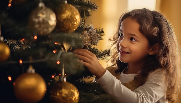 Een meisje versiert een kerstboom voor het nieuwe jaar of Kerstmis