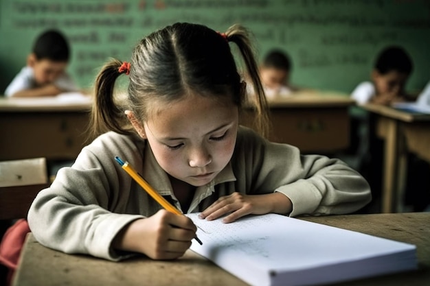 Een meisje worstelt op haar bureau op een bescheiden plattelandsschool in Latijns-Amerika