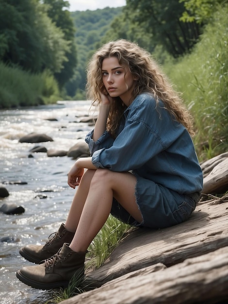 Een meisje zit aan de oever van een rivier.