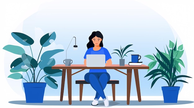 een meisje zit aan een tafel en werkt op een laptop. Om haar heen staan potplanten