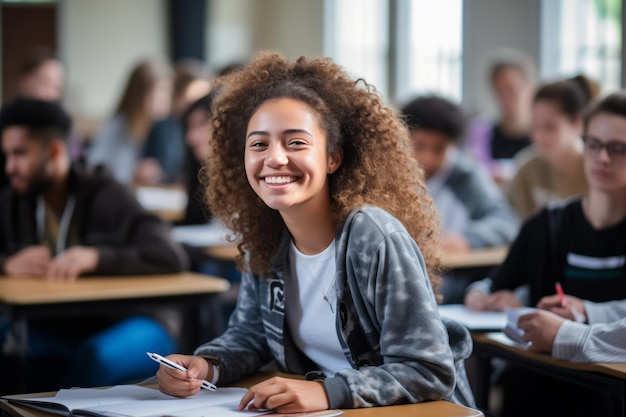 een meisje zit achter een bureau bij een lezing in een auditorium aan een universiteit Het concept van onderwijs in hogere instellingen van wetenschap