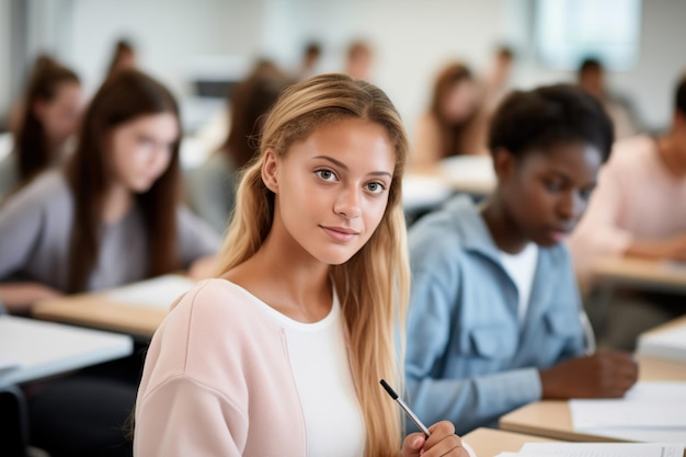 een meisje zit achter een bureau bij een lezing in een auditorium aan een universiteit Het concept van onderwijs in hogere instellingen van wetenschap