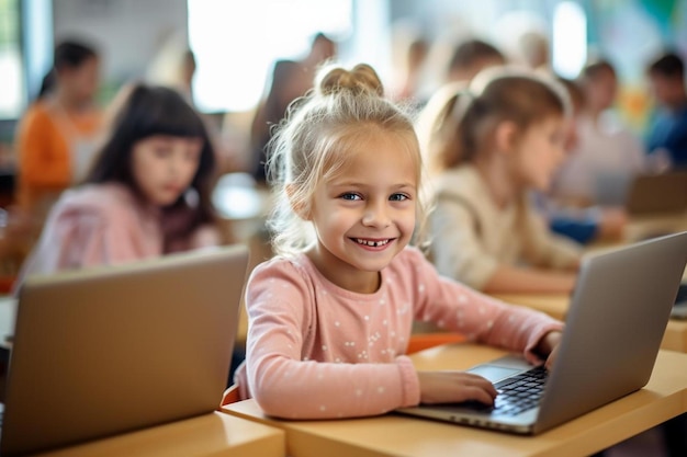 Een meisje zit achter een laptop met haar leraar op de achtergrond.