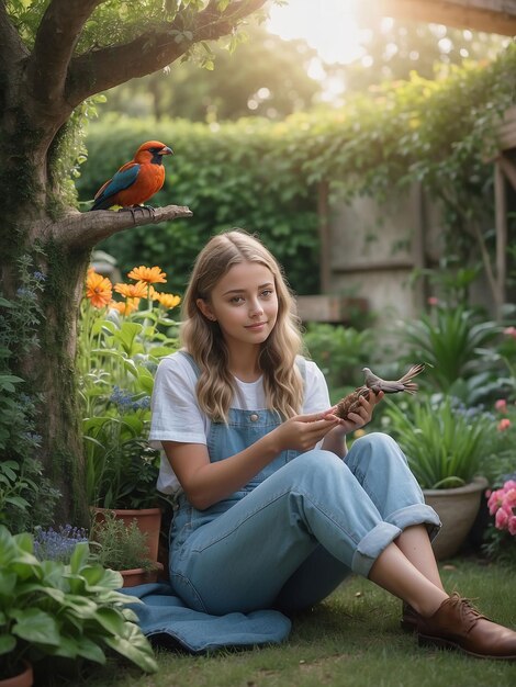 Een meisje zit in de tuin met een vogel in haar hand.