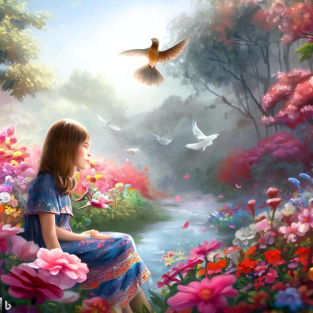 Een meisje zit in een bloementuin met een vogel die erboven vliegt