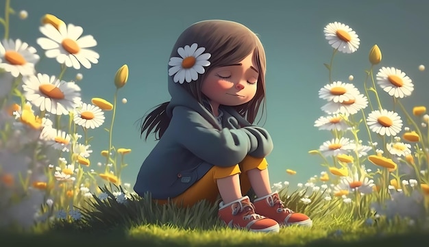 Een meisje zit in een veld met madeliefjes.