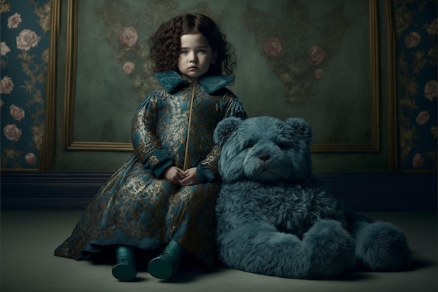 Een meisje zit naast een blauwe teddybeer.